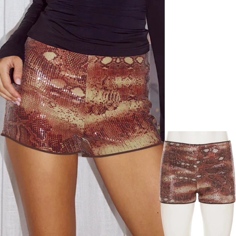 

FAGADOER Y2k Sexy Serpentine Printting Shorts Women American Style Retro Sequins Patchwork High Waist Shorts Female Streetwear
