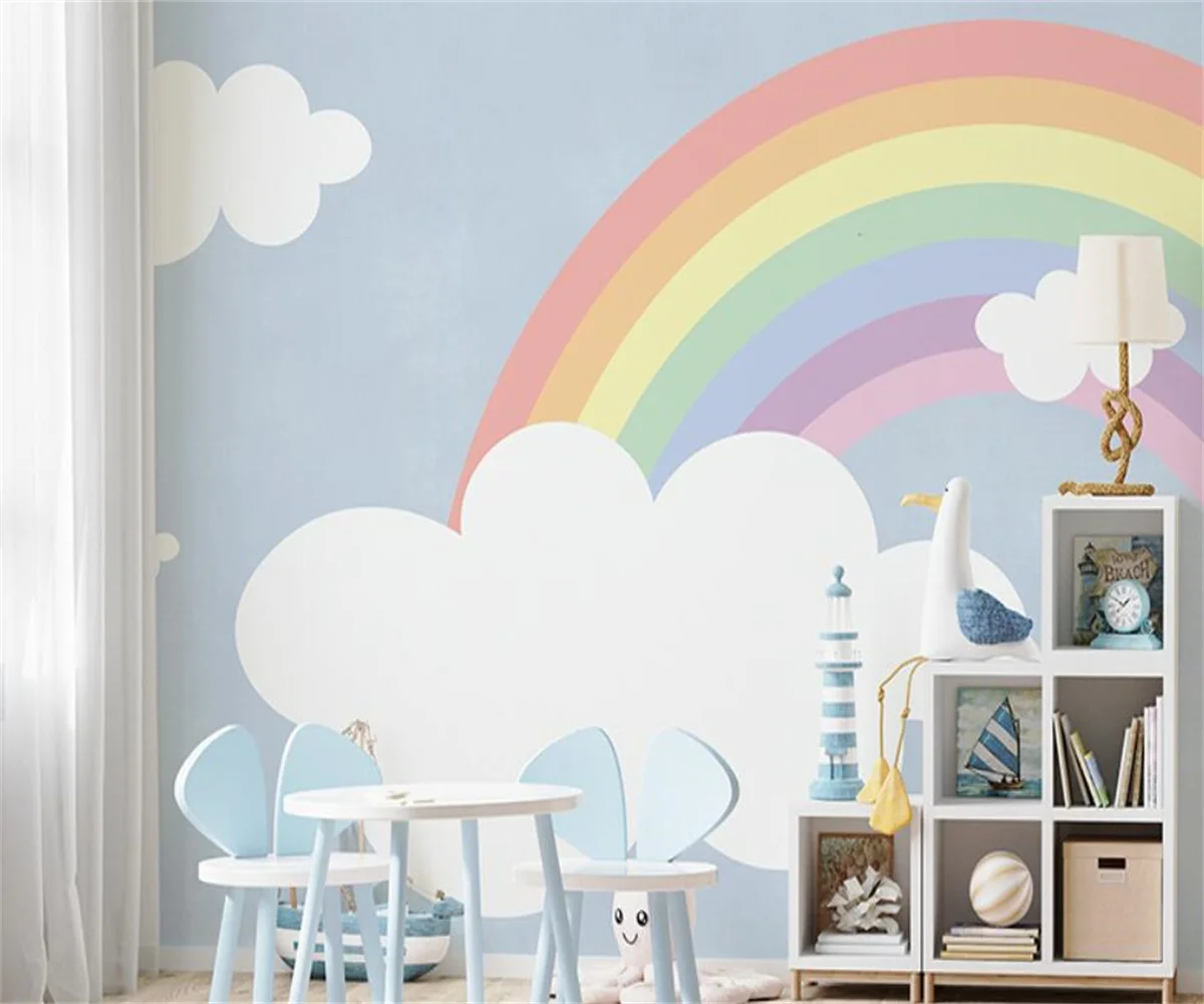 papel de parede Cartoon Rainbow Children's Room Mural Modern Simple Bedroom Wallpaper Boys and Girls Background Wall Wallpaper