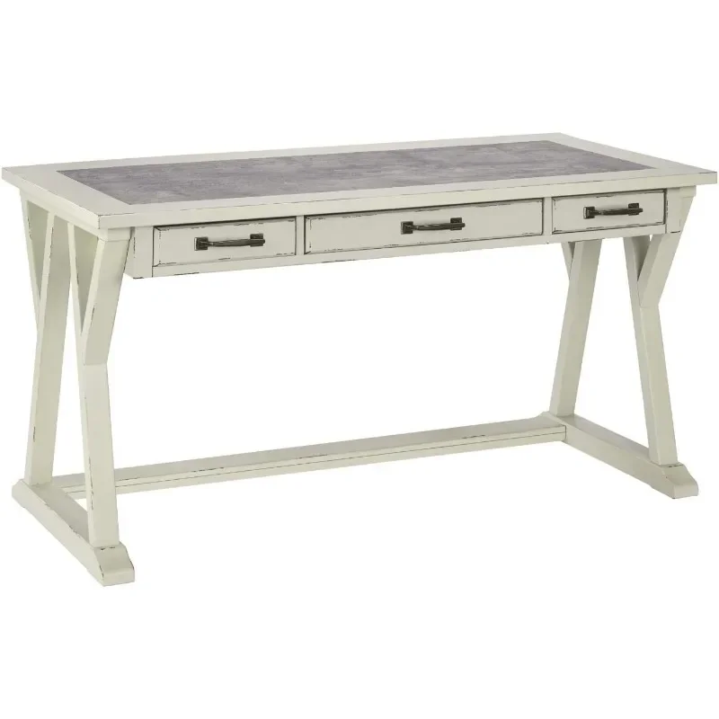 

Jonileene Farmhouse Home Office Desk with Drawers, White & Gray