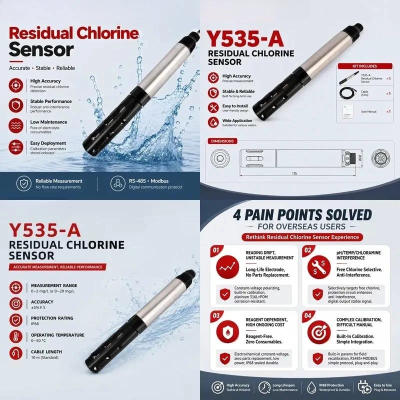 Online Residual Chlorine Sensor for Water Quality Monitoring 0~ 2mg/L or 0~ 20mg/L Constant Pressure Method RS485 MODBUS