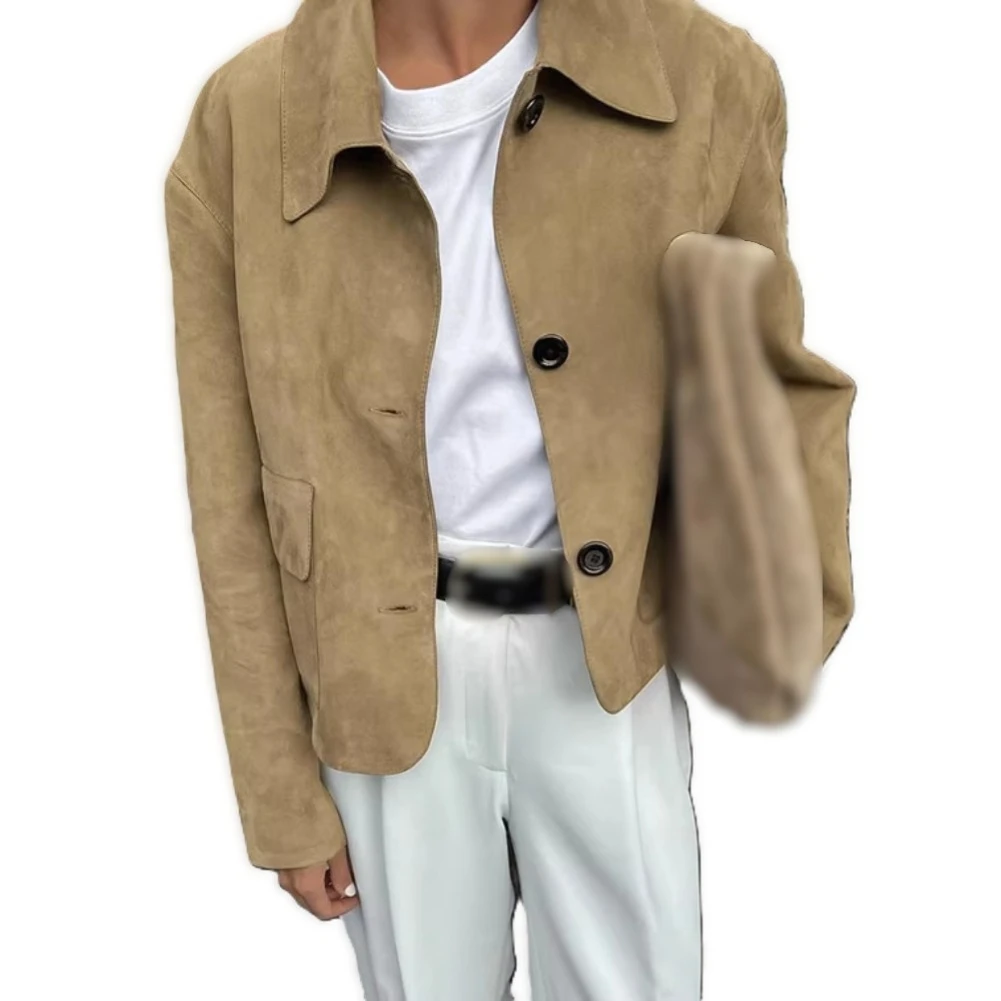 Short Jacket for Women with Lapel Detail Wooden Button Fastening Dual Front Pockets Polyester Fabric for Seasonal Use