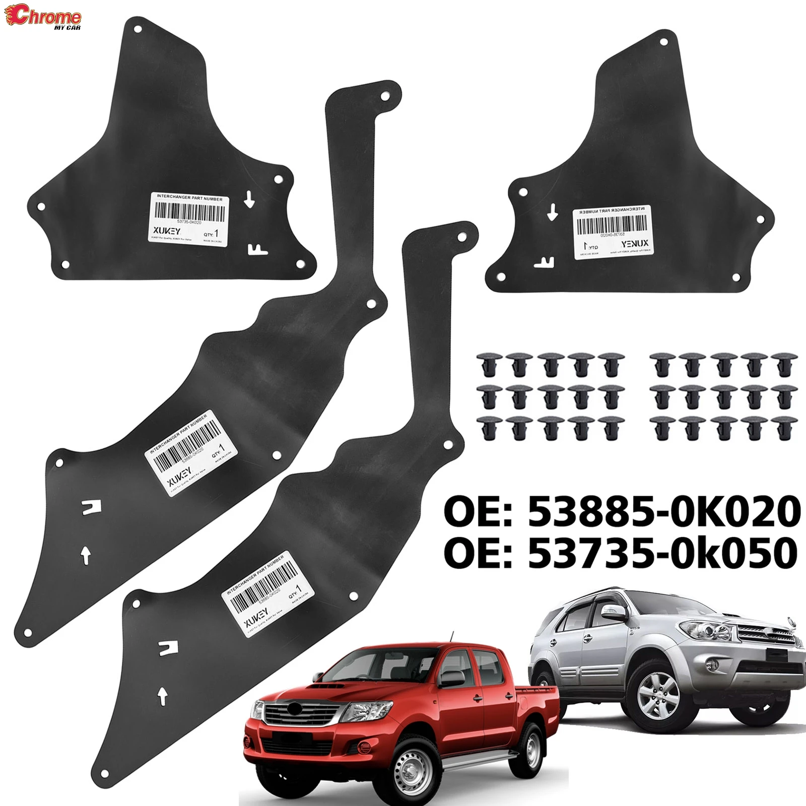 

4x Splash Shields with Clips for Toyota Hilux Fortuner 2004-2015 Fender Liners Apron Skirts Guards Seals 53885-0K020 53735-0k020