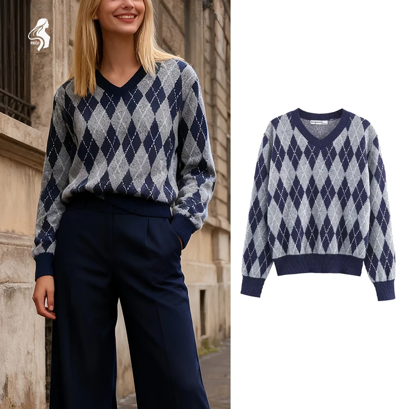 

Женский вязаный свитер с ромбовидным узором, трикотаж с длинным рукавом и v-образным вырезом, повседневный и универсальный, осенне-зимний товар Trafizaran