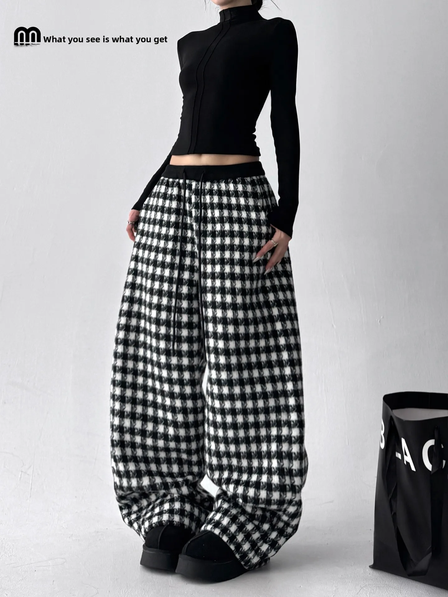 Pantaloni casual da donna larghi scozzesi a vita alta Pantaloni lunghi a gamba dritta retrò americani per donna Inverno 2025