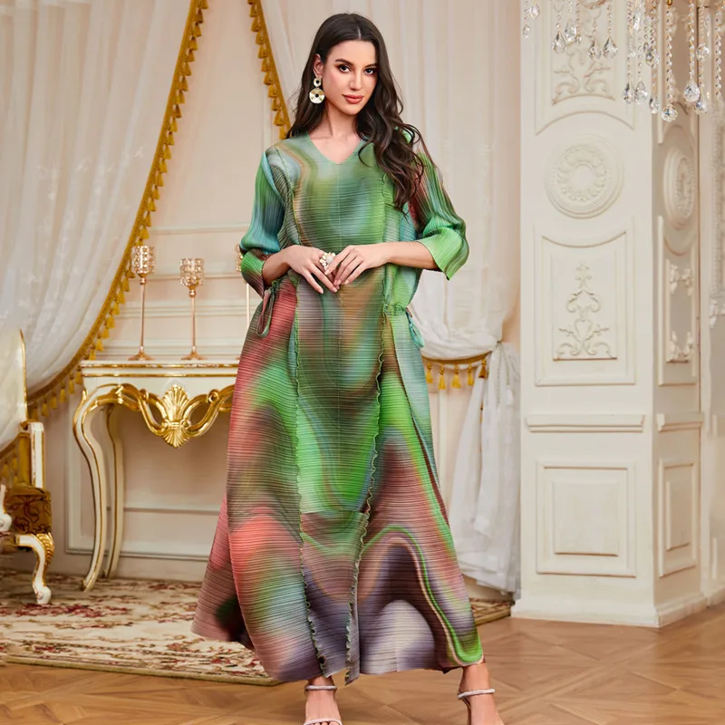 WHTREND فستان مكشكش مطوي المرأة التدرج اللون نفخة الأكمام طويلة طول فساتين فضفاضة الإناث ملابس الحفلات الأنيقة WH1891 #4