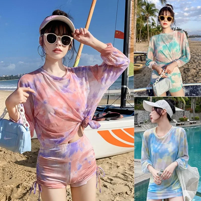 Korean Sports Three-Piece Multi-Color Printing Double Sling Low-Cut High-Waist Body Suit Shorts Side Drawstring Sweet Swimsuit