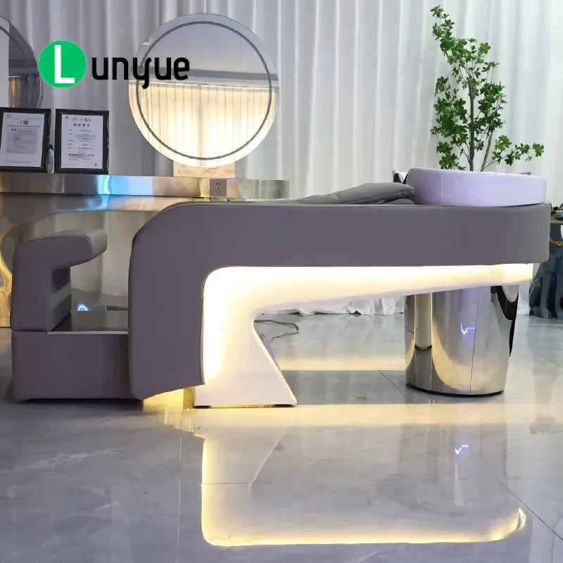 Luxury Reclining Shampoo Bed with Ceramic Basin and Foot Pedals New Design Head Therapy Hair Washing Chair for Barber Shop