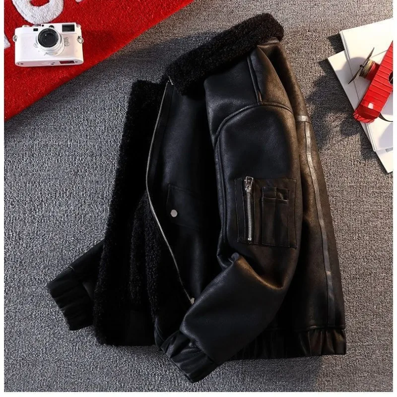 Chaqueta cálida de una pieza de piel sintética, elegante y de alta gama, nueva chaqueta de cuero Retro para traje de motocicleta, prendas de vestir exteriores de moda