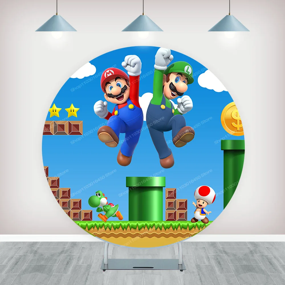 Super Mario Brothers Round Backdrop Elastic Circle For Baby Shower Game Birthday Party Background Cylinder Decoration Props