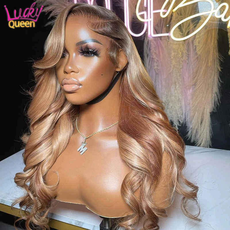 Dark Root Ombre Color Body Wave Human Hair 5X5 Closure Wig Pre Plucked Honey Ash Blonde Brown 13X4 Transparent Lace Front Wig