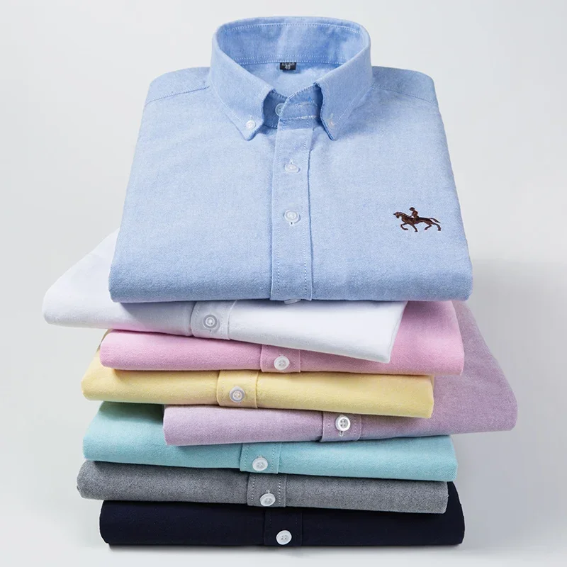 

Pure Cotton Oxford Embroidered Horse Casual Without Pocket Solid Shirt Men's Long Sleeve Dress Shirt Men Plus Size