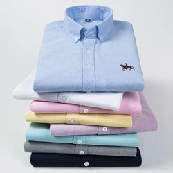Pure Cotton Oxford Embroidered Horse Casual Without Pocket Solid Shirt Men's Long Sleeve Dress Shirt Men Plus Size