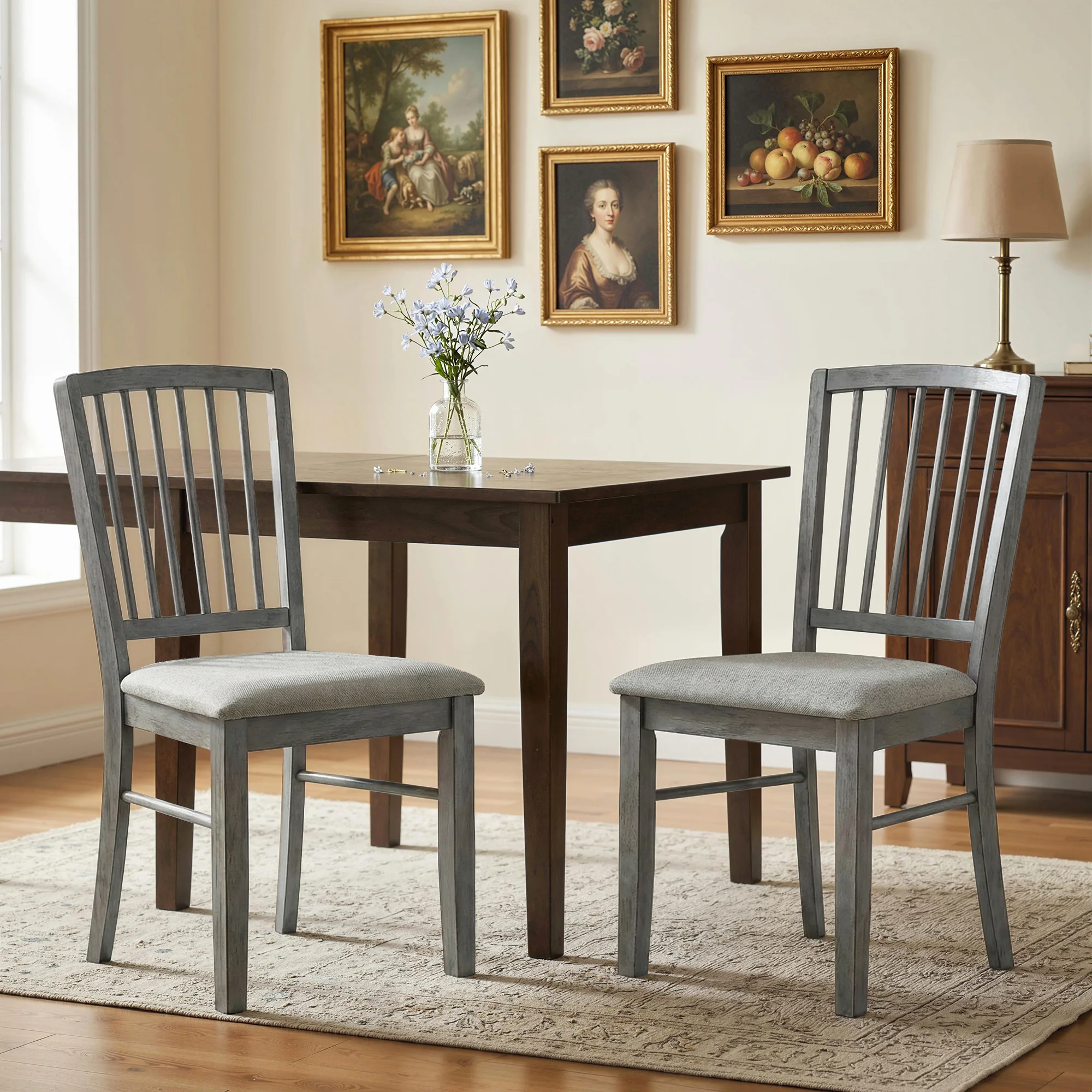Homcom Farmhouse Dining Chairs Set of 2, Upholstered Linen Fabric Kitchen Chairs with Solid Rubberwood Legs for Kitchen, Dining Room, Rustic Gray