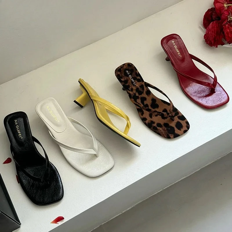 Sandálias Femininas de Salto Fino 4CM com Bico Quadrado, Chinelos Casuais de Verão, Sapatilhas e Scarpins