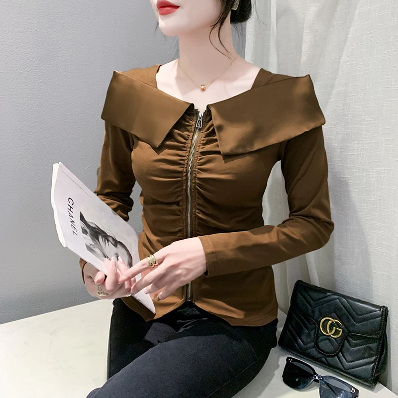 

Сексуальная длинная футболка с квадратным воротником, женская облегающая футболка на молнии, модная мятая основа, корейская футболка для поездок на работу и ветер