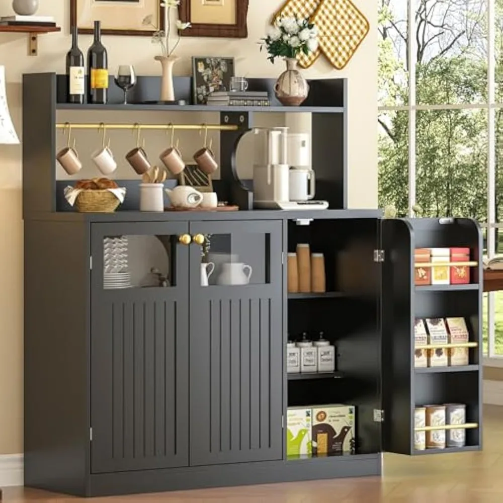 

48'' Tall Buffet Sideboard Cabinet with 3 Doors and 5-Tier Shelf, Buffet Table Coffee Bar Wine Bar Storage Cabinet with Hooks fo