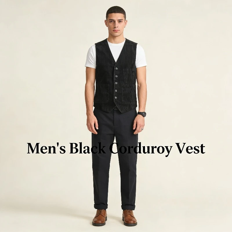 

2026 Men's Spring/Autumn Retro Workwear Vest with Patch Pockets Solid Color Jacket