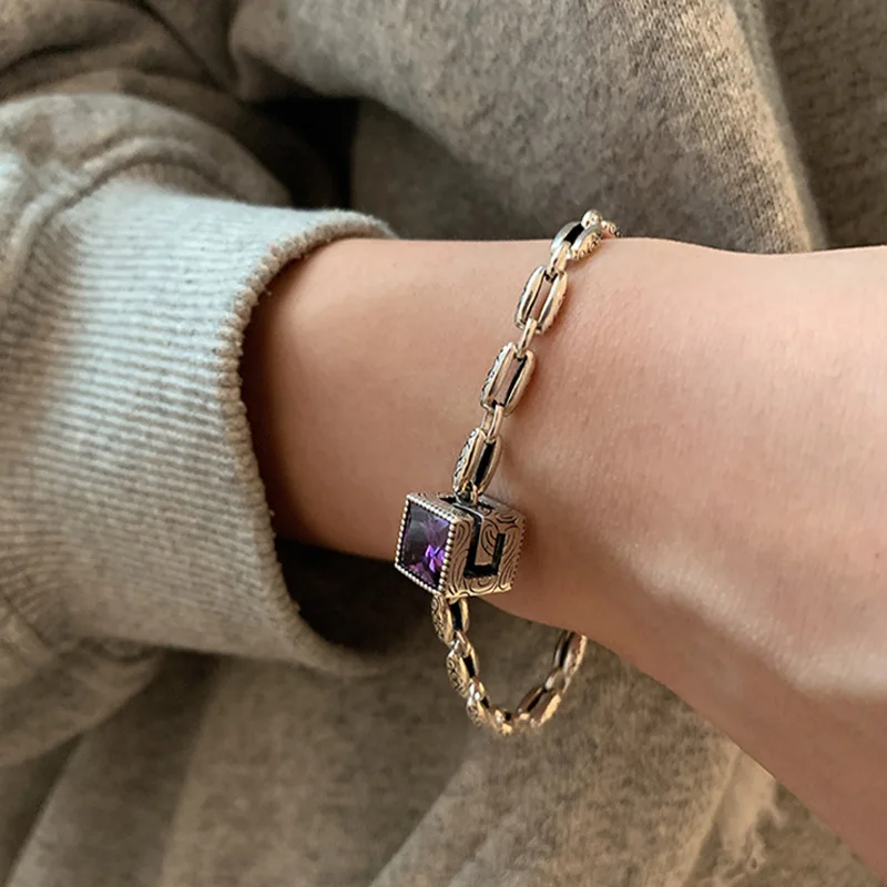 

New Arrival Personality Square Purple Crystal Retro 925 Sterling Silver Tank Chain Female Charm Bracelet Jewelry For Women