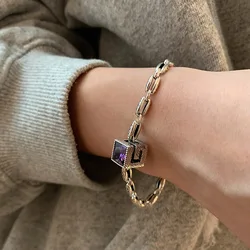 New Arrival Personality Square Purple Crystal Retro 925 Sterling Silver Tank Chain Female Charm Bracelet Jewelry For Women