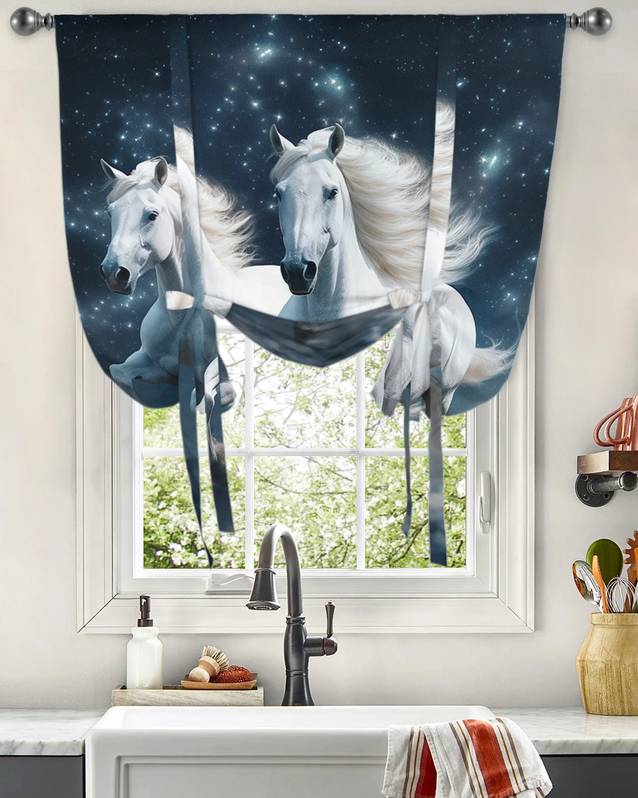 

Horse Starry Sky Clouds Window Curtain for Living Room Home Decor Roman Curtain Kitchen Tie-up Curtains Adjustable Drapes