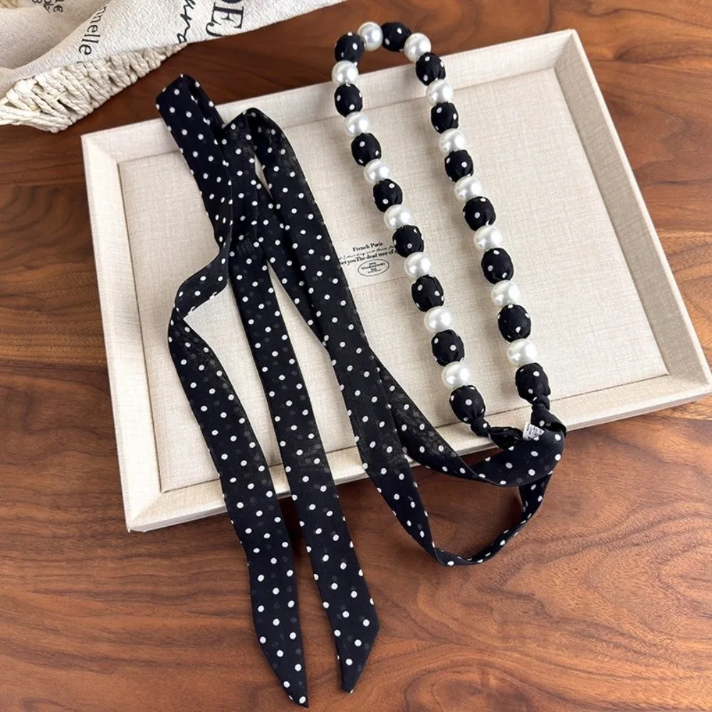 All-match Vintage Style Pearl Necklace Scarf Ribbon Hair Band Waist Chain Adjustable Sweet Polka Dots Scarf Women Fashion