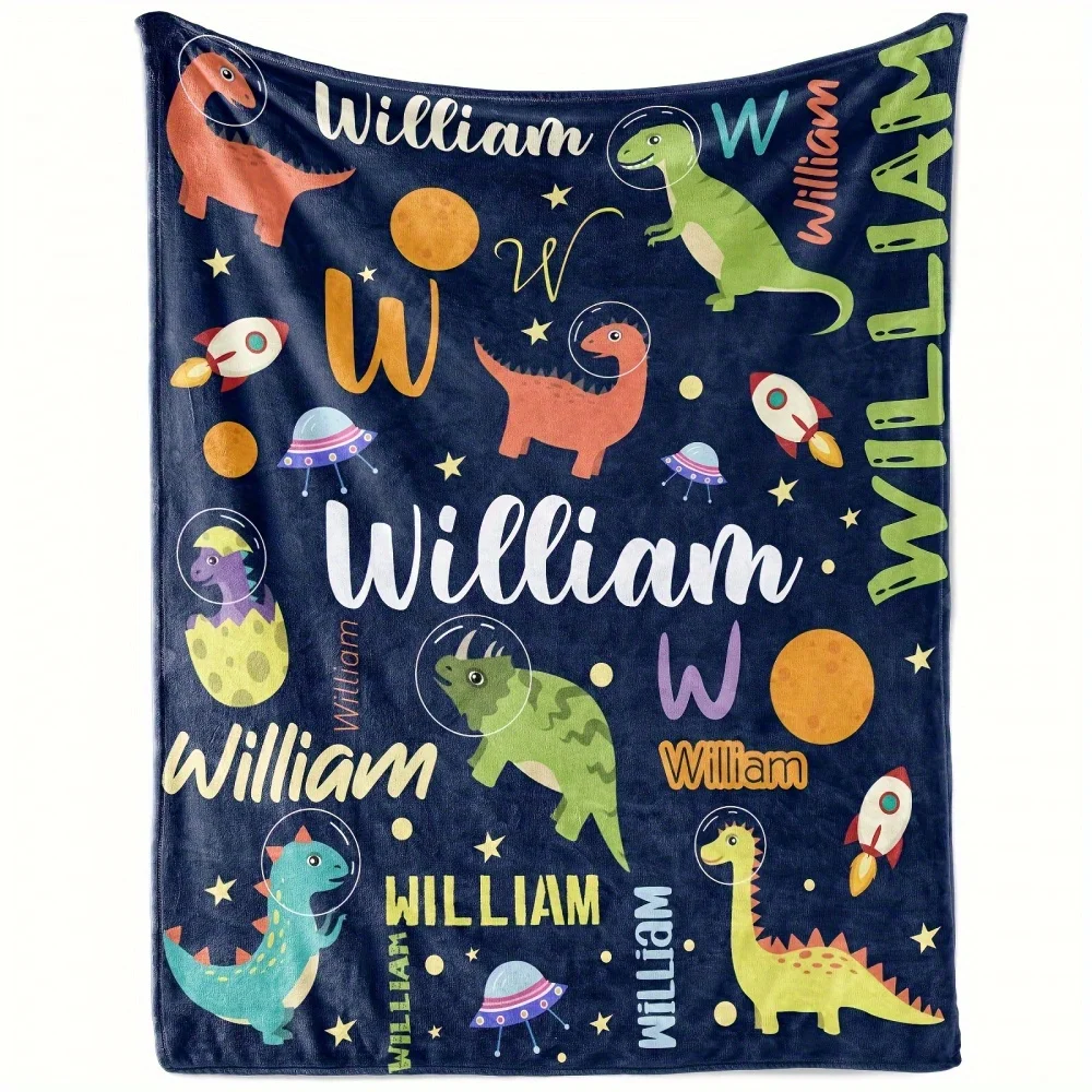 Personalized Name Cartoon Dinosaur Flannel Blanket Suitable For Home Office Travel And More Durable Warm Soft Comfortable Fabric