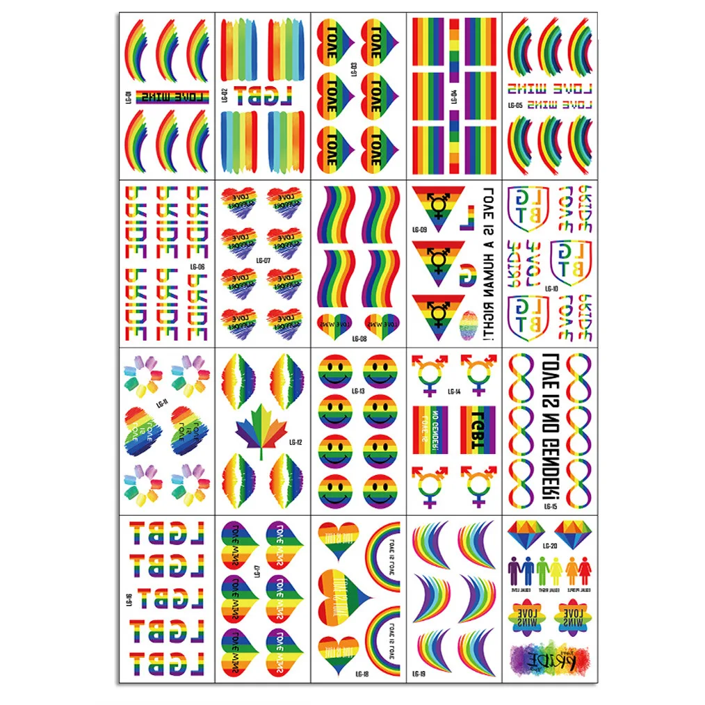 20pcs Rainbow Pride Day Couple Tattoo Set Lgbt Rainbow Creative  Aesthetic Art Tattoo Sticker Temporary Face Hand Tattoo Sticker