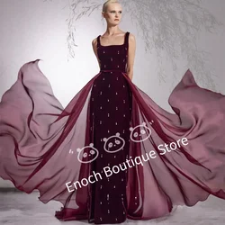 ENOCH Custom made Burgundy Prom Dress Square Neck Open Back Velour Formal Party Gown with Organza Skirt Slit Sheath Evening Dres