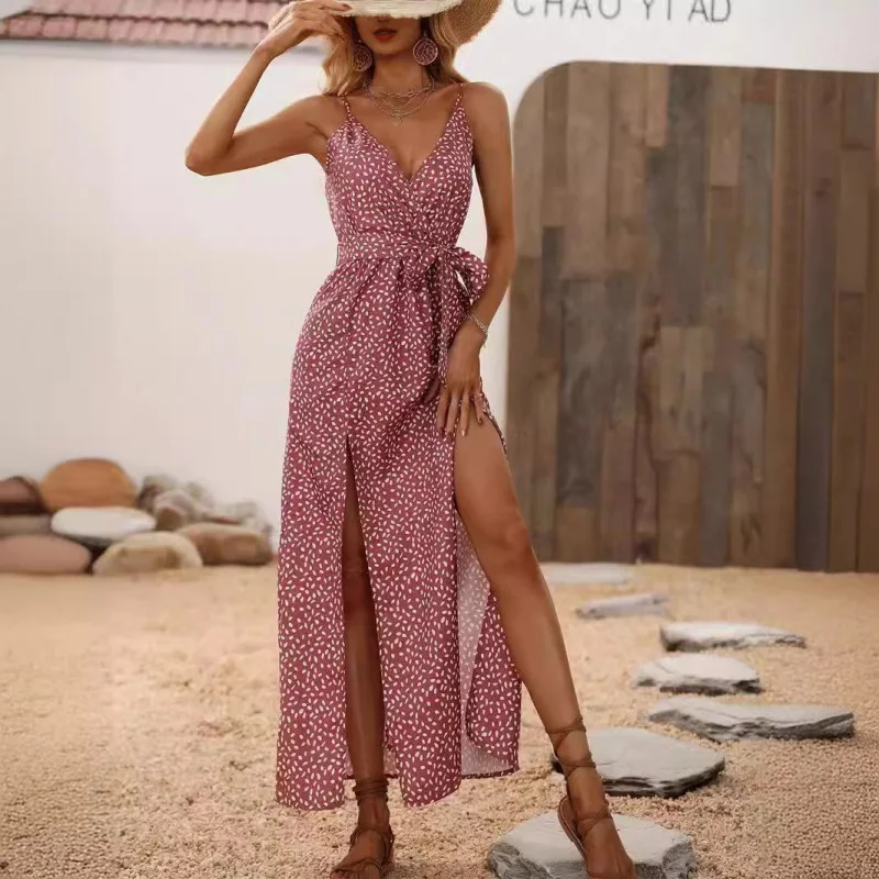 

Women's Summer New Strap Dress Hot Sale Printed Split Tie Dress