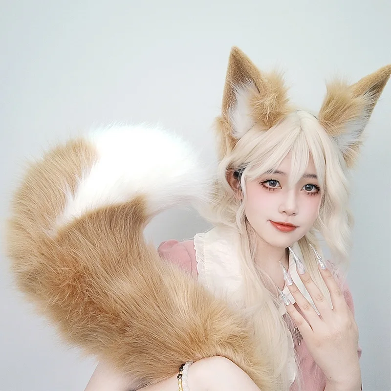 Conjunto de orelhas e cauda de raposa, adereços de cosplay de anime, orelhas de animais peludos de pelúcia, argola de cabelo, festa de carnaval, acessórios de vestido extravagante