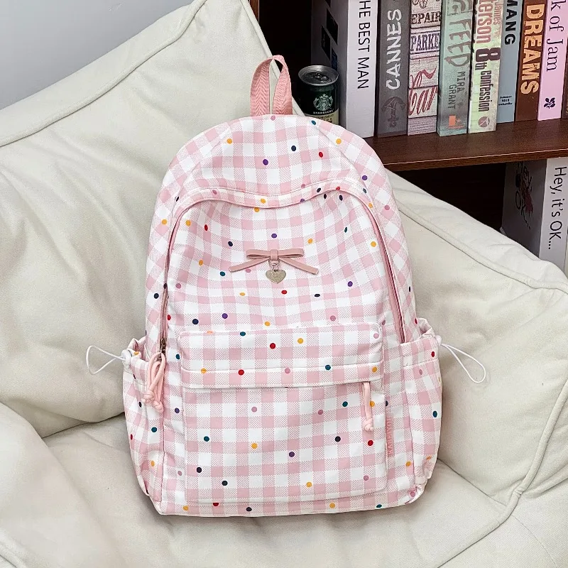 Pink Plaid Backpack Sweet Bow Heart Pendant School Bag Colorful Dots Canvas Backpack Teen Girls Daily Travel Laptop Rucksack