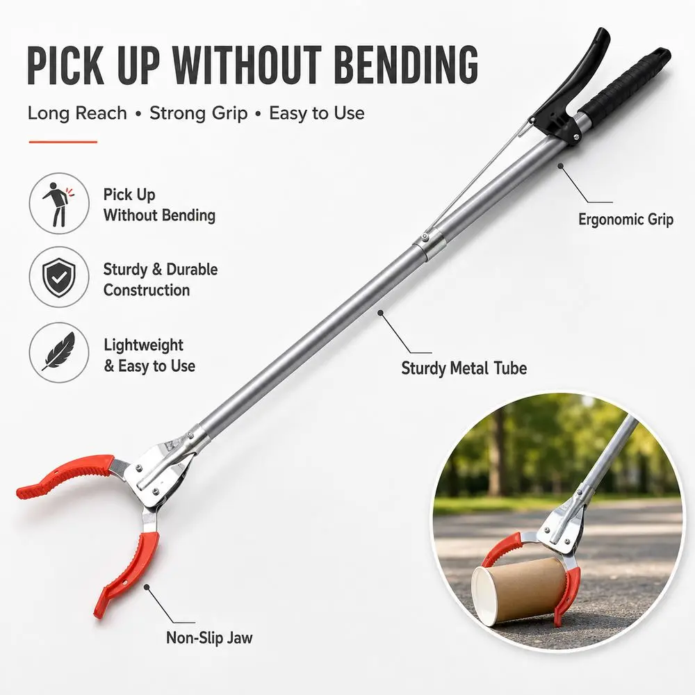 Stainless Steel Trash Picker Grabber Ergonomic Handle Thickened Tube Pickup Grabber Tool Non Slip Jaw Garbage Pickup Claw