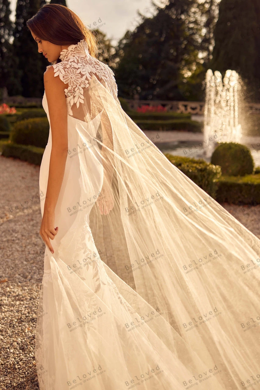 Glamorous Wedding Dresses Satin Bridal Gown Lace Appliques Luxury Robes Sleeveless Vestidos De Novia Customized свадебное платье