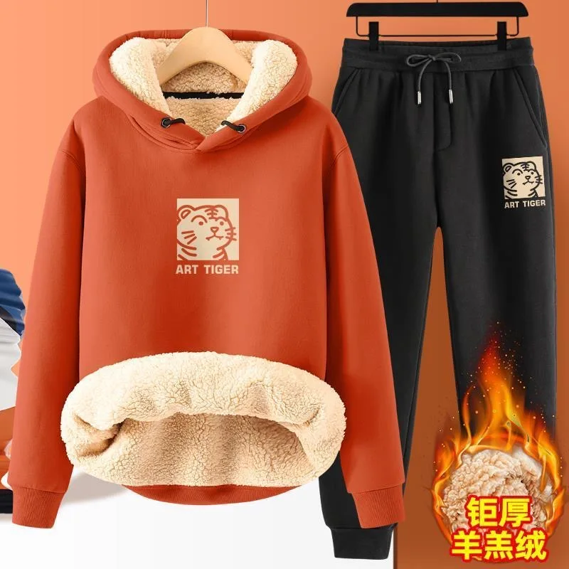 2024 Autumn and Winter New Fashion Printed and Fleece Thick Warm Suit Men's Casual Loose Large Size High Quality Two-Piece Set