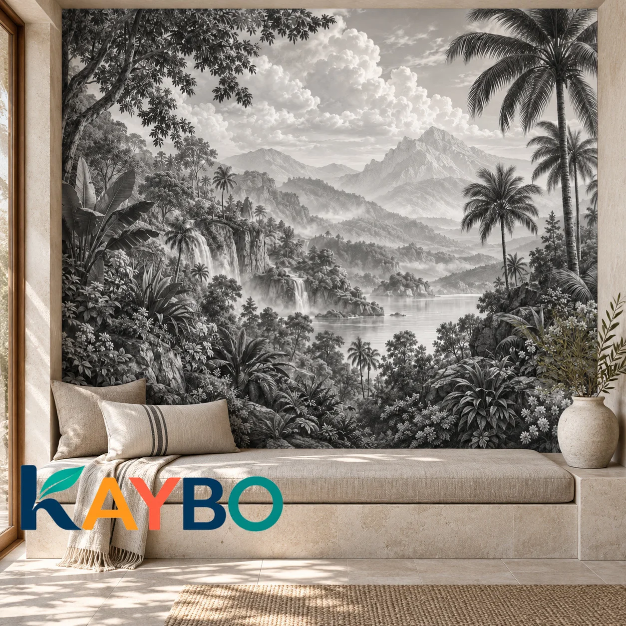 Tropical Jungle Wall Mural Black White Landscape Wallpaper Palm Mountains Waterfall Vintage Bedroom Wall Decor Non Self Adhesive