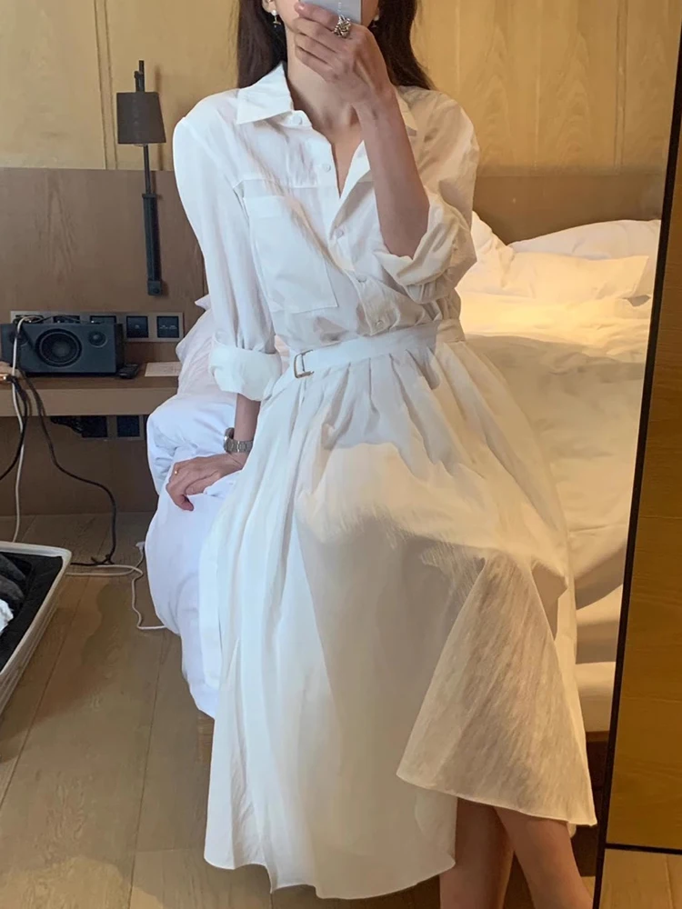 

Chic Summer Slimming Plaid irt Dr Women's High Waist Long Sve Fake Two-Piece Design Sensation Turn-down Collar Dr