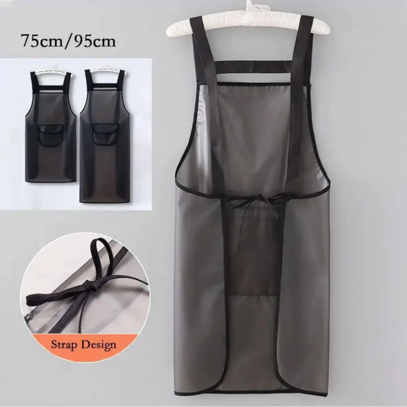 Waterproof Oilproof PVC Household Work Apron in Transparent Black, Dirt Repellent Cleaning Protective Apron, Easy-to-Clean Kitch