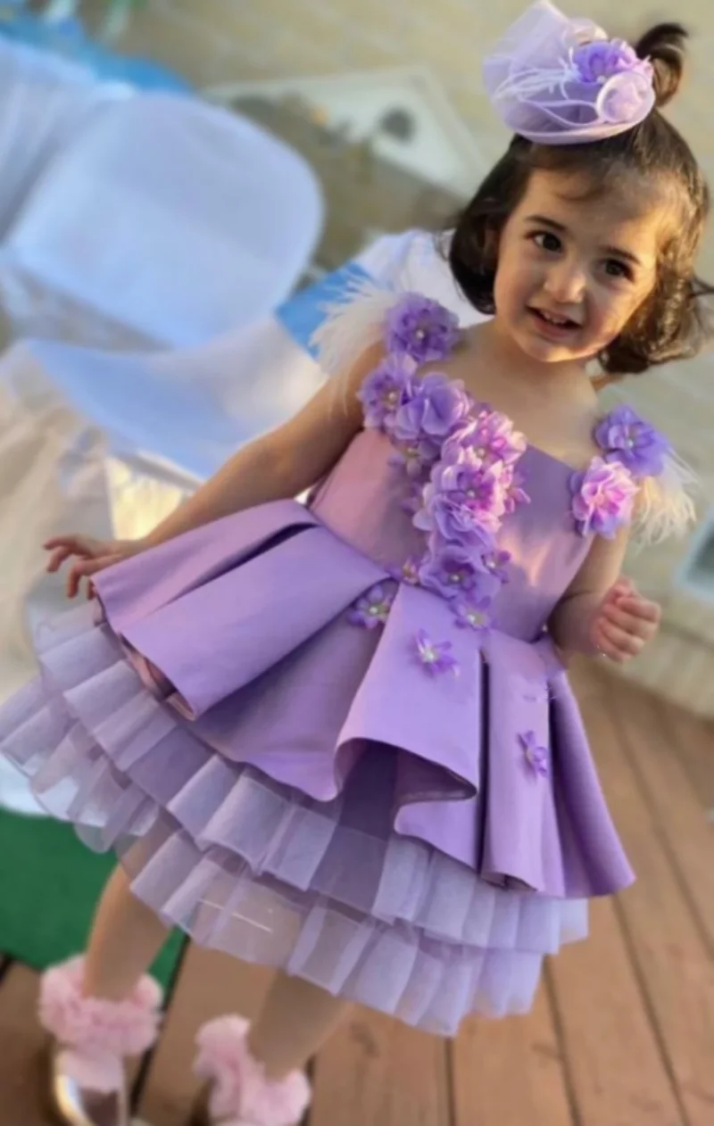 

Purple Tulle 3D Flowers Baby Girl Dress Sheer Neck Feather Sleeve Tutu Outfit Kid Birthday Party Gown Christmas Dress Headpiece