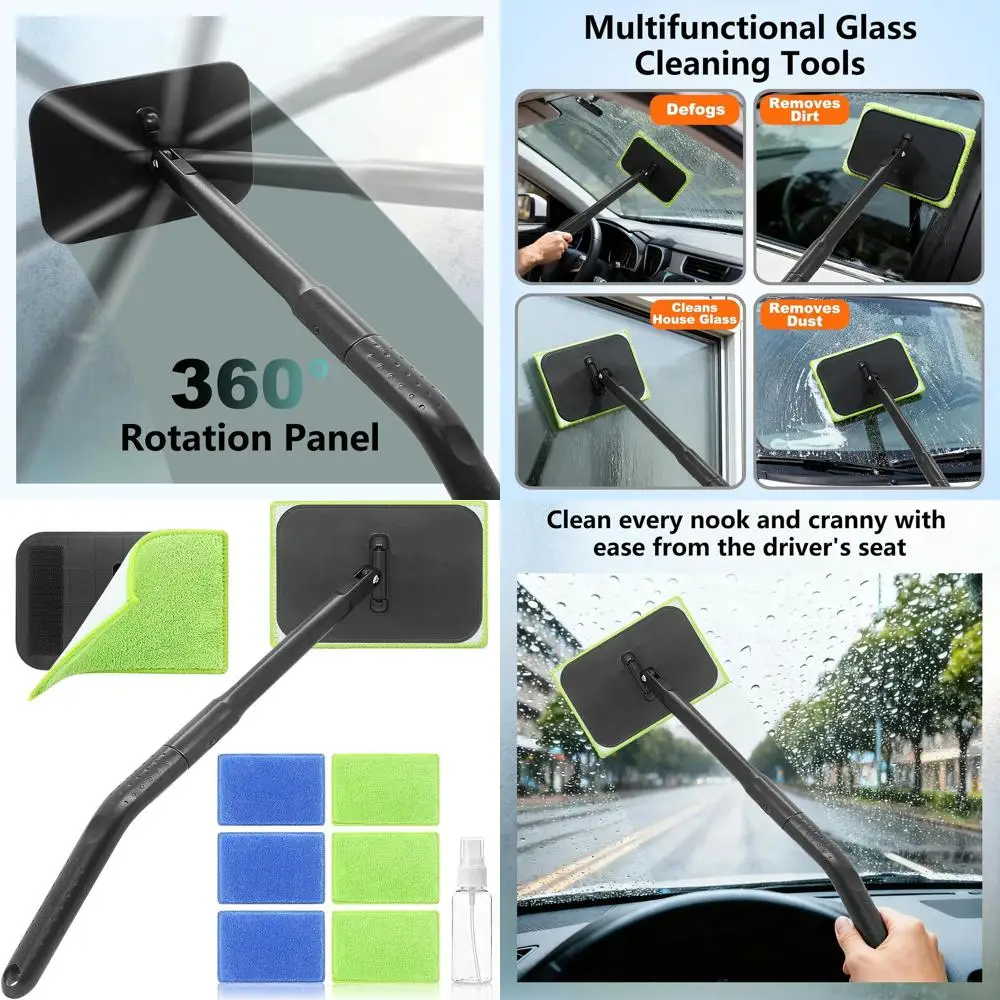 

Windshield Cleaner Tool with 6 Reusable Magic Fiber Pads & Spray Bottle, Removable Handle Car Window Wiper Kit for Interior/Exte