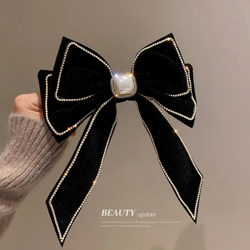 Velvet Inlaid Rhinestone Pearl Bow Hair Clip for Women Korean Fashion Exaggerated Hair Claws Exaggerated Hair Accessories