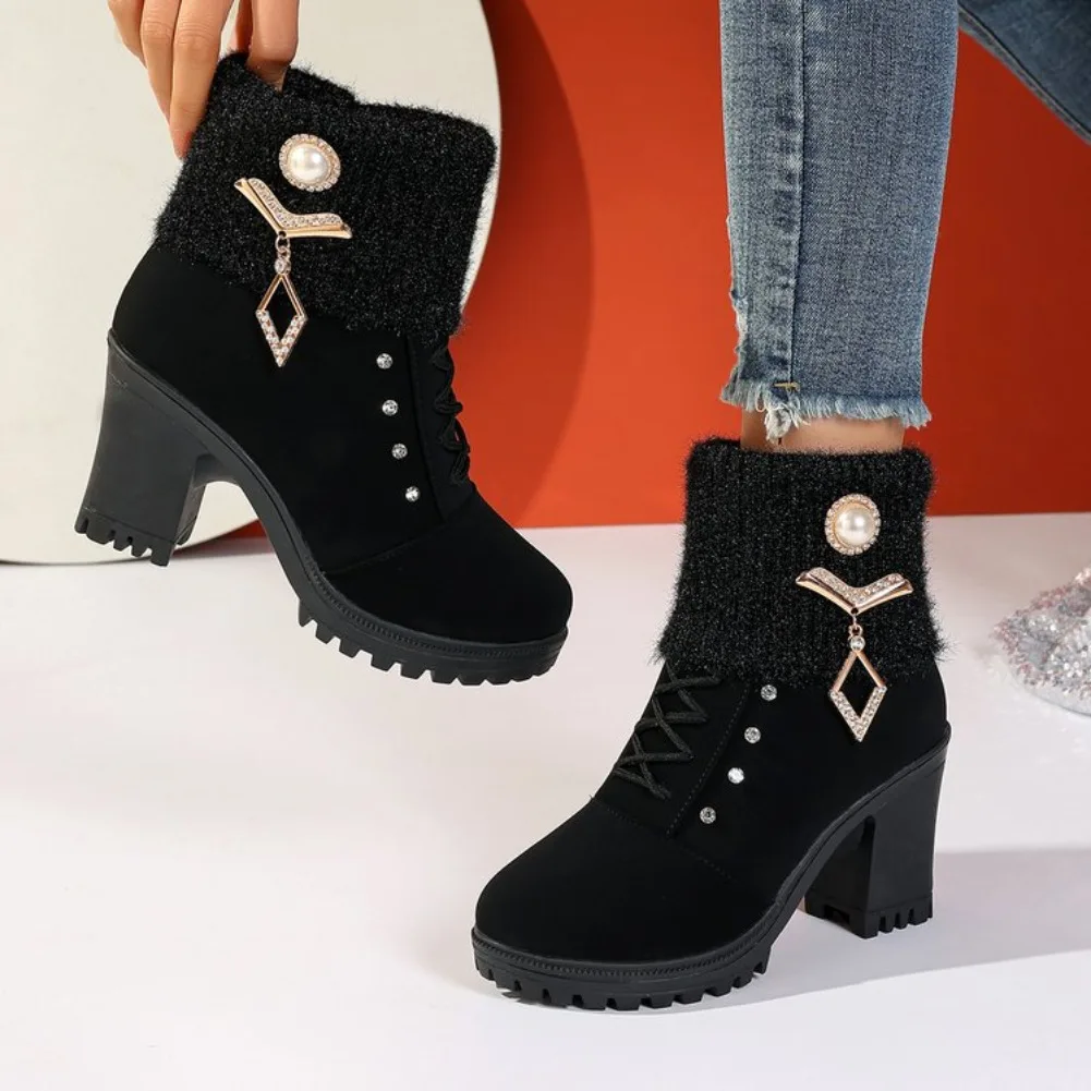 Women Winter Keep Warm Ankle Boots Fashion Chunky-high-heels Non-slip Rhinestone Metal Decoration Zipper Platform Short Boots