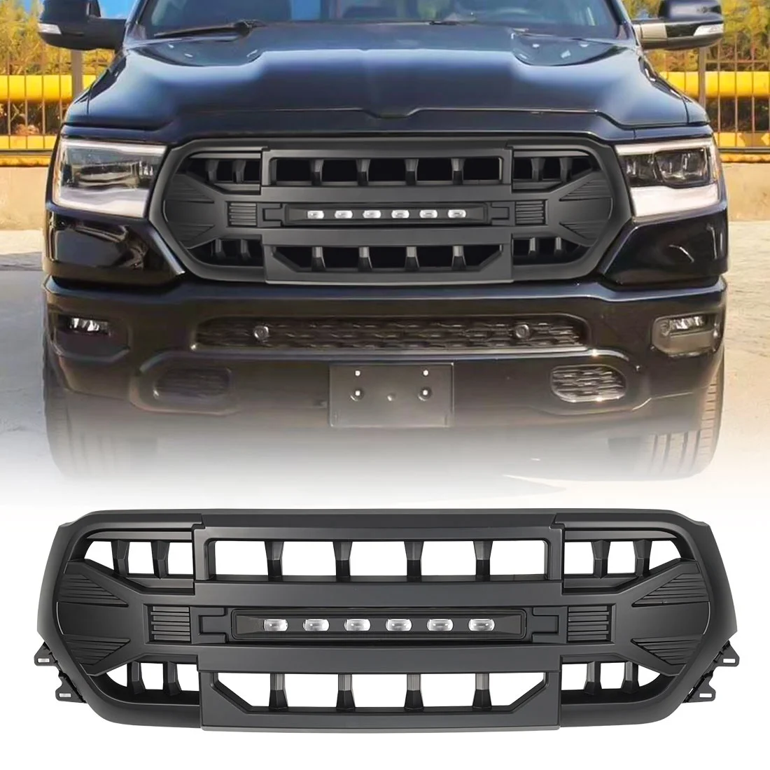 Custom Car Grill Front Armor Grille With LED Off-Road Lights For 2019-2023 Dodge RAM 1500 Matte Black