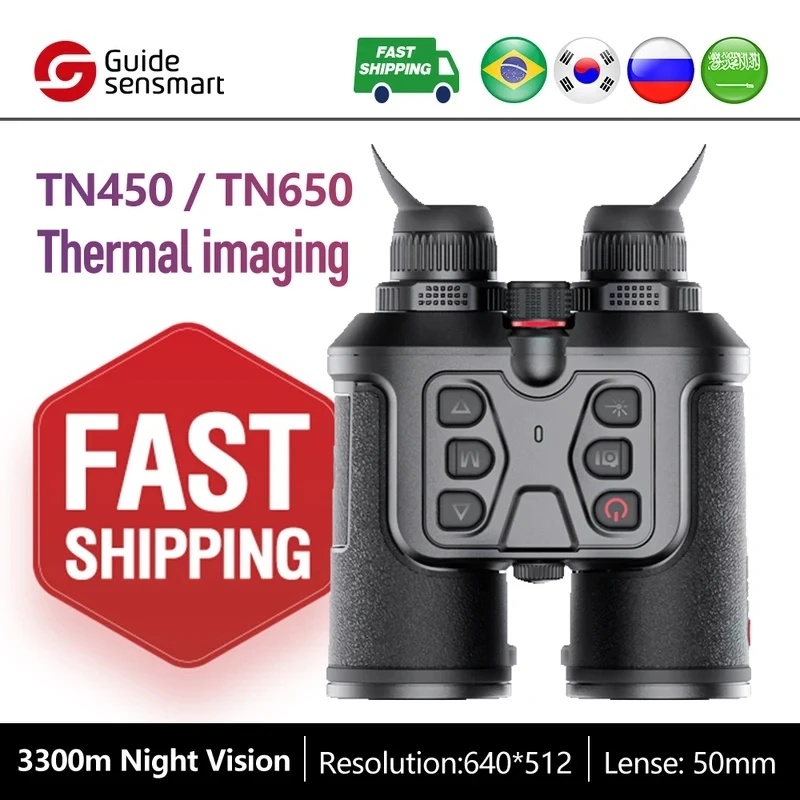 Guía TN450 Cámara térmica binocular de mano Visión nocturna 640x480 Pix 12um Visión térmica infrarroja con telémetro para caza