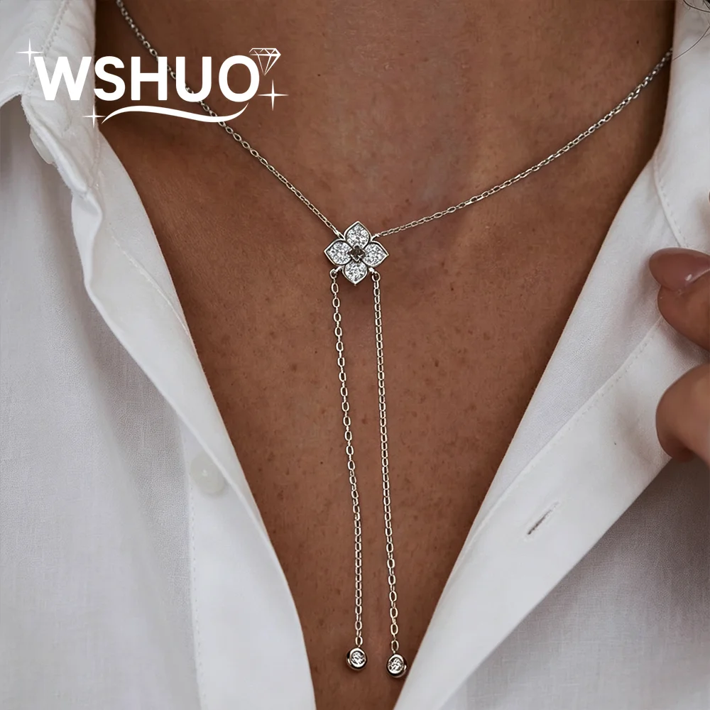 4-leaf Clover Moissanite Drop Necklaces With Round Bubble Diamond Long Y-shape Lariat Neckchain for Women S925 Silver Jewelry