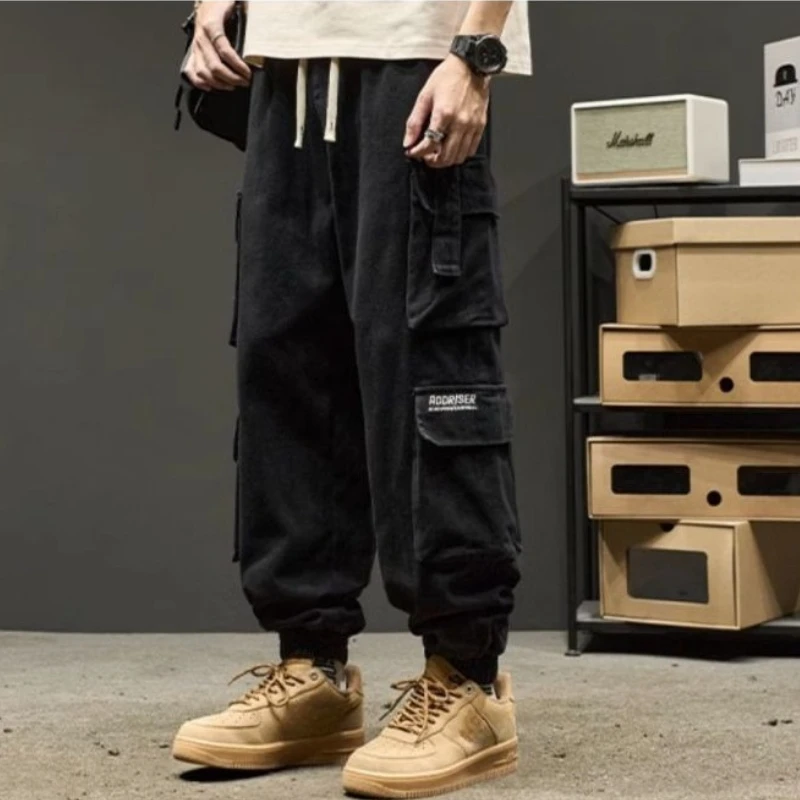 สีกากีกางเกงชาย BIKER ต่ําราคาไนลอนหลวม Harajuku คุณภาพสูง Emo ผ้าฝ้ายแฟชั่น Long Street Designer Men's Cargo กางเกง