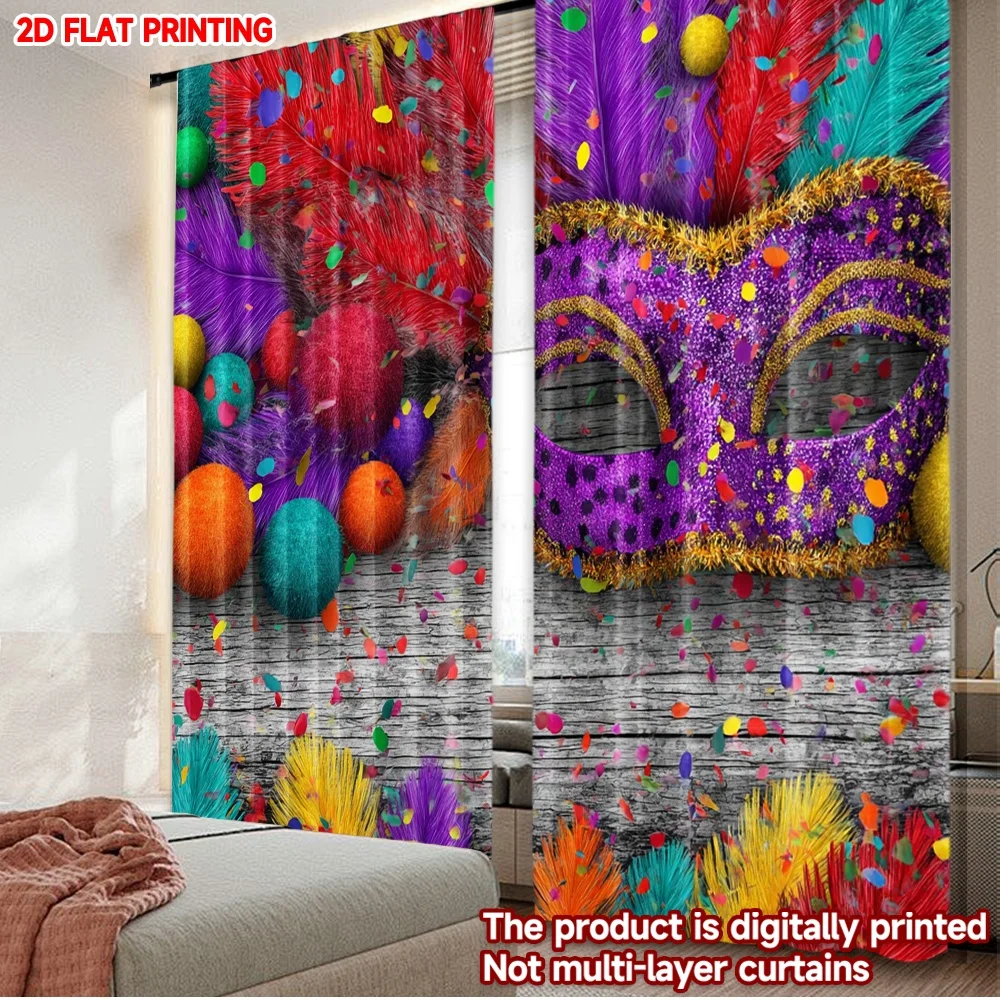 

2D flat printing 2pcs Curtain Curtain Carnival Colorful Feather Mask(1) Digital Printed Polyester Drapes Family Party Perfect