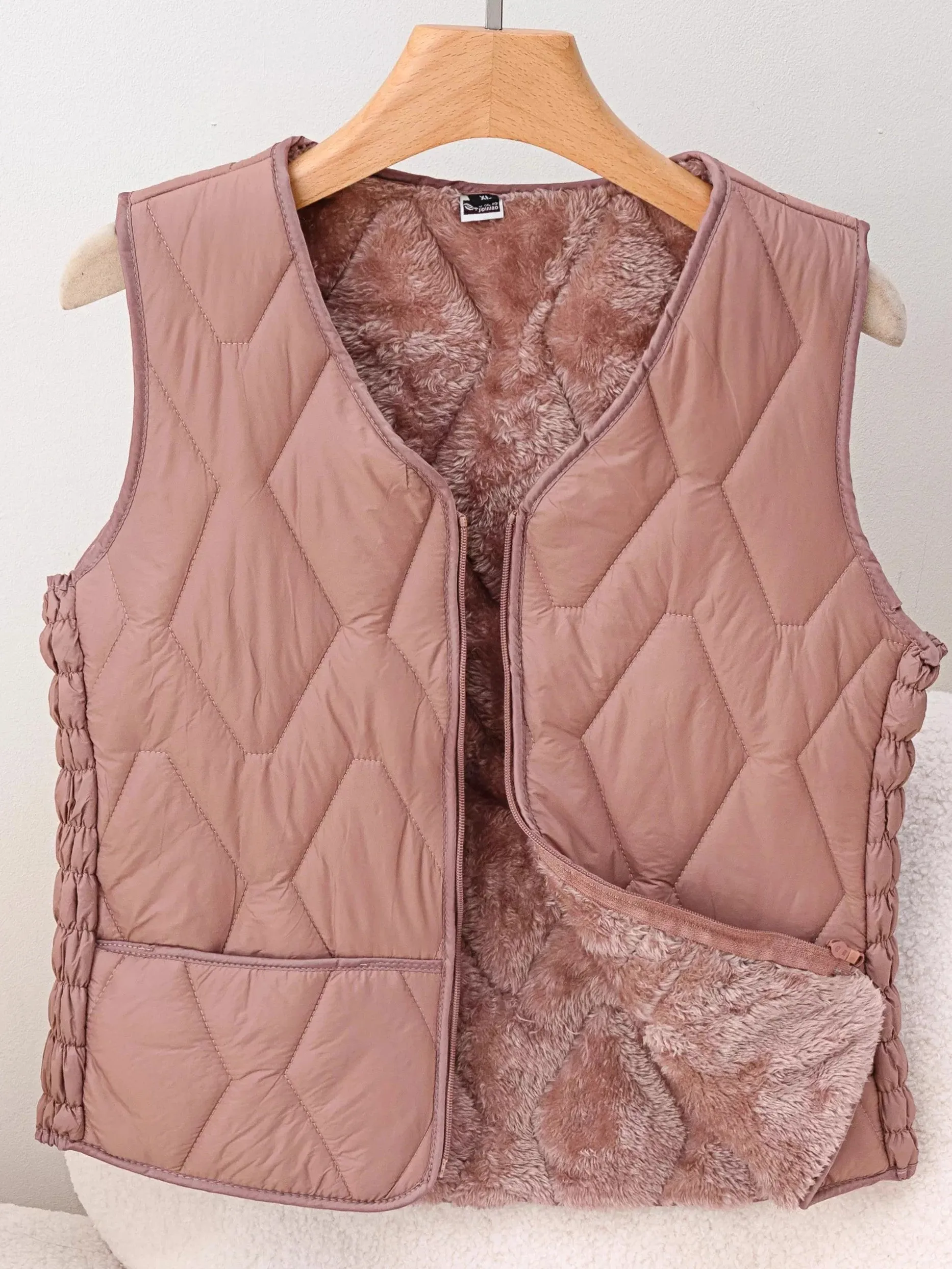 Women's Fleece Lined down Cotton Vest Short Warmth Inner Wear for Autumn Winter V-Neck Zipper Thickened Polyester Fiber