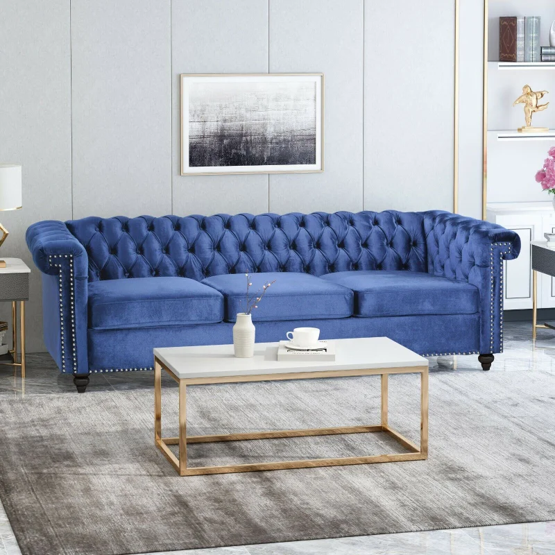 Tufted Chesterfield 3 Seater Sofa 83 In Living Room Sofa Velvet Blue Sofa Home Bedroom Tufted Diamond Luxury Sofa Decoration