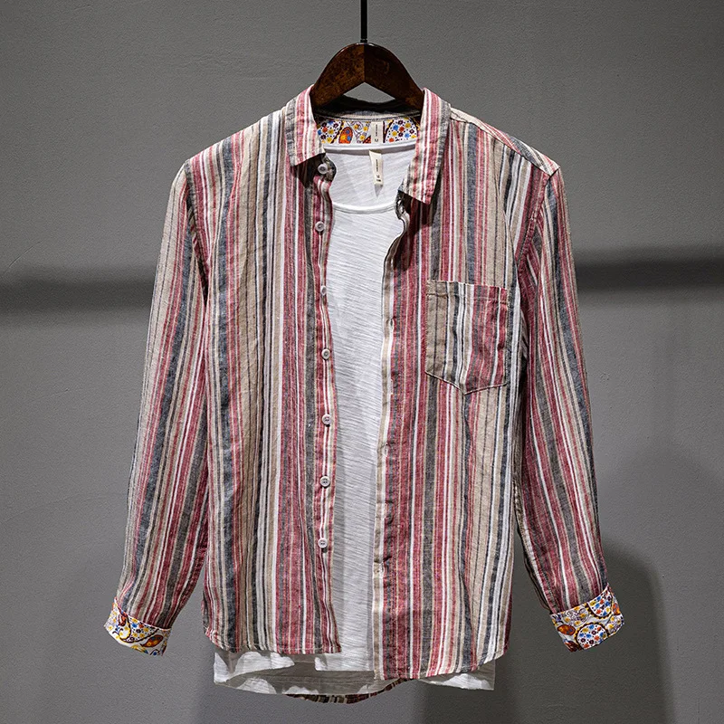 Hop Hop Spring Autumn Men's Stripe Linen 100% Pocket Shirts Long Sleeve Loose Casual Men Turn-down Collar Thin Tops Clothes