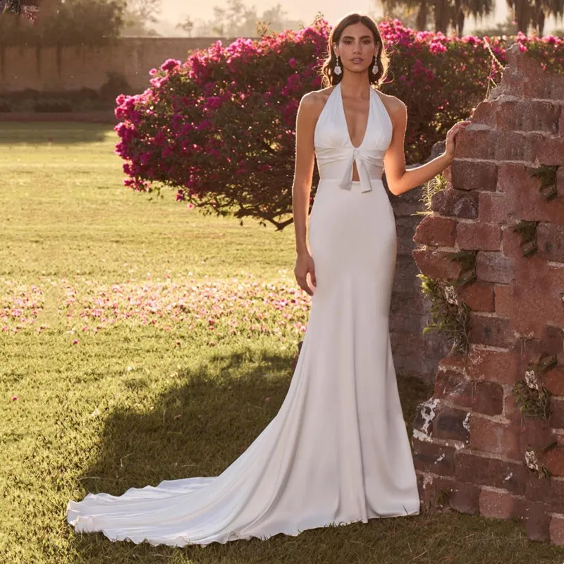 Modern Satin Mermaid Wedding Dress Simple Halter Bridal Gowns Sweep Train Sexy Deep V Neck Open Back Robe De Mariee Customized